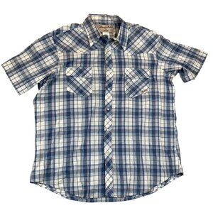 Wrangler Mens Shirt XL Plaid Short Sleeve Western Blue/White Pearl Snap